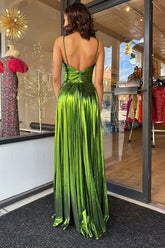 Glitter Green A Line Backless Long Prom Dress With Slit